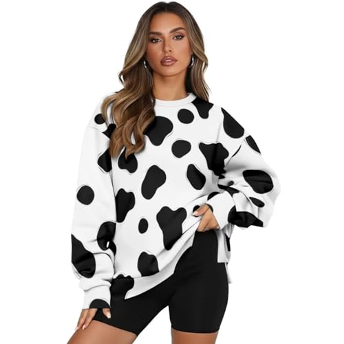 HUGS IDEA Cow Print Women's Oversized Sweatshirts with Pockets Long