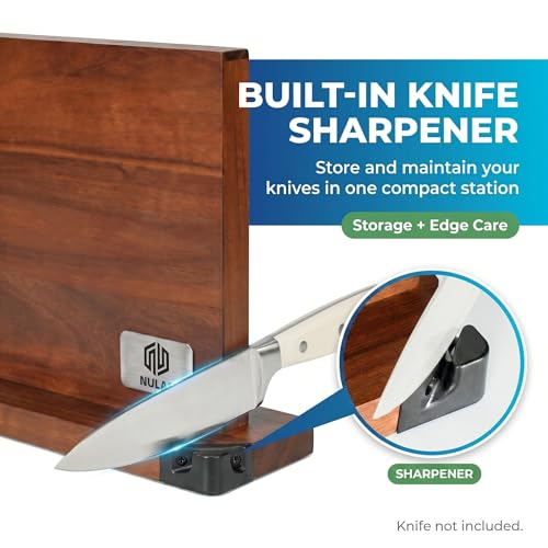 Image of Magnetic Knife Block with Built-in Sharpener, Double-Sided Countertop Magnetic Knife Holder, Holds Up to 12 Knives & Metal Kitchen Tools, Brown