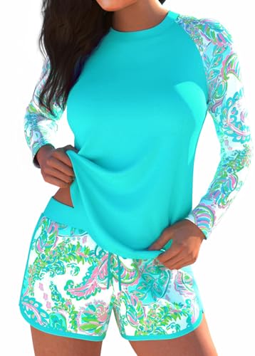 MODLILY Two Piece Long Sleeves Rash Guard, Paisley Print Sun Protection Swimsuits with Board Shorts Cyan