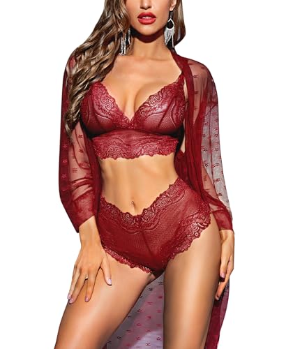 RSLOVE Women Sexy Lingerie Set 3 Piece Lace Kimono Robe with Bra and Panty Sheer Sleepwear
