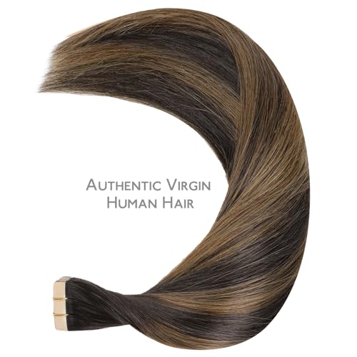 Image of WENNALIFE Tape in Hair Extensions Human Hair Balayage Dark Brown Mixed Chestnut Brown Tape in Extensions, 10pcs 30g 24 inch Remy Invisible Tape Ins Straight Soft Real Human Hair Tape in Extensions