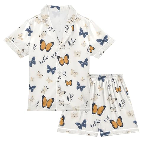 Autumn Floral with Butterfly Summer Satin Pajama Set, Cute Button-Down Sleepwear Pj Set for Sleep Wears