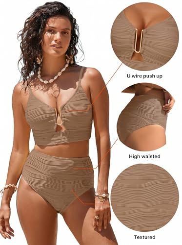 Image of Herseas 2 Piece Bikini Set U-Wire Cutout Popular Swimsuit High Waisted Textured 2026 Summer Beach Swim Bathing Suits