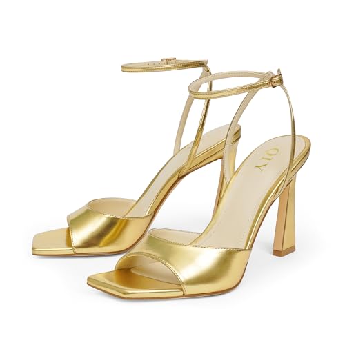Image of QIY Strappy Heels for Women Heeled Sandals Square Toe Heel Ankle Strap Stiletto Mesh High Heels Dress Shoes