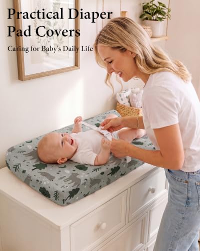 Image of Yoofoss 2-Pack Diaper Changing Pad Cover for Boys 32x16 (Green+Fox) | Soft & Easy-to-clean & Breathable, 360 Full Elastic Fit, Microfiber Fitted Sheets for Changing Table Pad
