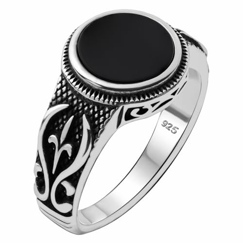 Genuine Solid 925 Sterling Silver Black Onyx Stone, Anatolian Motif Ring for Men