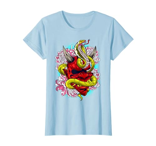 Oni Japanese Demon Red Devil Mask & Cobra Art T-Shirt