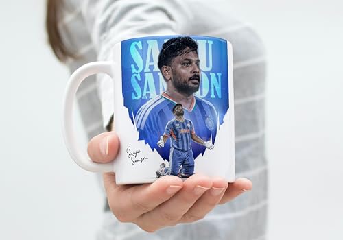 Image of Cricket Theme Coffee Mug IPL Edition - Stylish Helicopter Shot Print Cup - Gift for Cricket Fans, Boys & Friends (Sanju Samson-1)