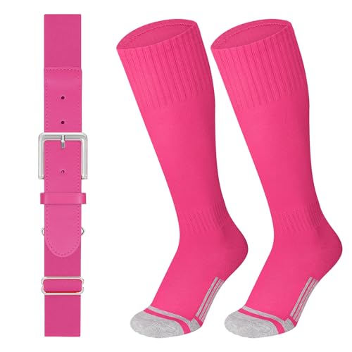 LEACOOLKEY Baseball Belt and Socks Combo Set Softball Soccer Socks and Elastic Belt for Adult Men Women Pink