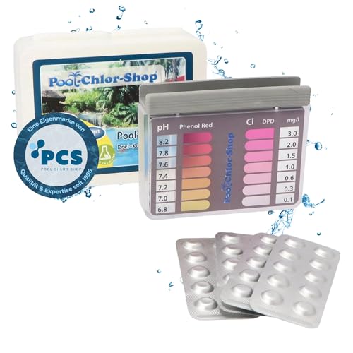 Duraol Mini-Pooltester zum pH & Chlor Wert messen I Testkit Pool mit Messgerät je 20 Testtabletten DPD & Phenol Red I Chlor- & pH-Wert Messgerät