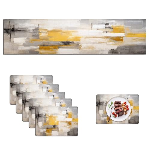 Mcalk Yellow Table Runner and Placemats Set of 6, Abstract Grey Placemats, Modern Cloth Place Mats Indoor for Kitchen,Washable Linen Material for Dining Table