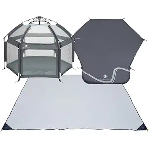 POP 'N GO Premium Outdoor Baby Playpen with Self-Inflating Playmat (Anchor Grey) and Picnic Blanket (Whimsical Waves)