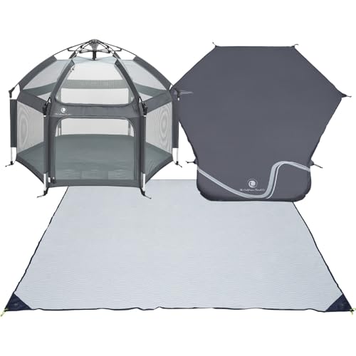 POP 'N GO Premium Outdoor Baby Playpen with Self-Inflating Playmat (Anchor Grey) and Picnic Blanket (Whimsical Waves)