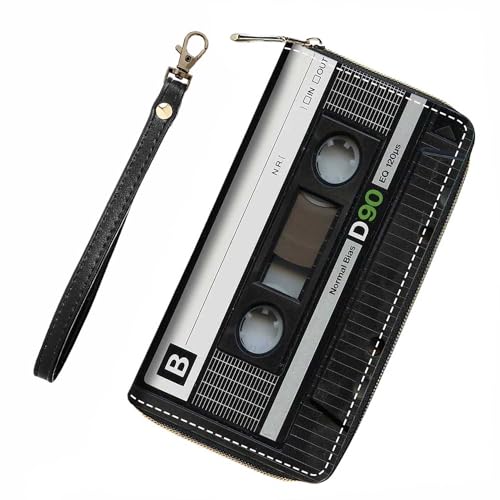 Vintage Music Cassette Wallet for Women with Credit Card Holder Coin Money Clip PU Leather Zip Around Clutch Wallet