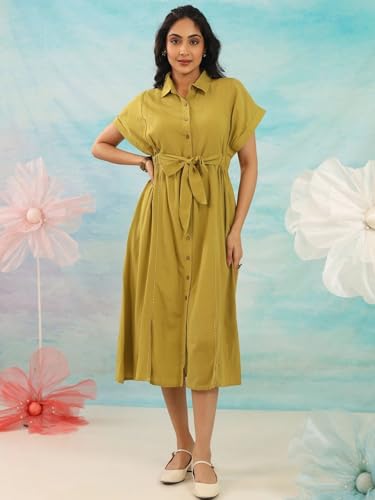 Image of Amazon Brand - INKAST Women Wide Shirt Collared Solid A -line Bottun Down Maxi Dress with Tie Belt | Flared Short Sleeve Summer Outfits | 100% Cotton | Casual Wear | One Piece
