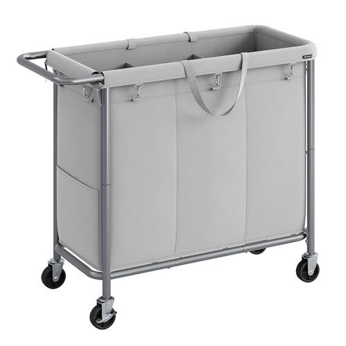 SONGMICS Laundry Basket with Wheels, 3-Section Rolling Laundry Hamper, 52.8 Gallons (200 L), Removable Liner, Steel Frame with Handle, 35.8 x 15.4 x 31.9 Inches, Dove Gray URLS005G01 Dove Gr