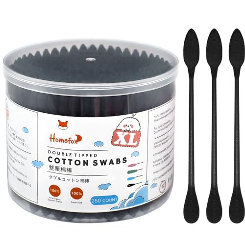 Image of XL Thick Black Cotton Swabs Pointed Precision - 250 Count Extra Large - Pointy Organic Cotton Buds Goth Bathroom Tightly Wrapped Charcoal Tips Paper Stick Cruelty-Free, XL Pointy & Round Black