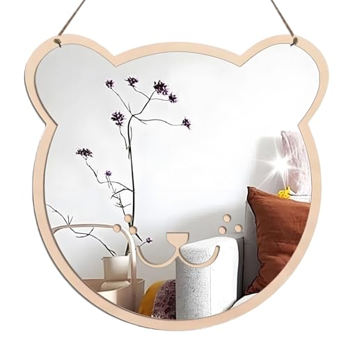 Pursuestar Wooden Plastic Mirror for Wall - Kids Safety, Acrylic, Non-Glass and Unbreakable - Bear Hanging Mirror for Kid's Boys Girls Playroom Bedroom Bathroom 8.8"