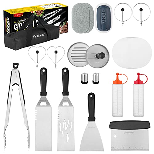 Unomor BBQ Accessories, Stainless Steel BBQ Tools Kit, Family Dinner Party Bakeware Grill Barbecue Set with Carry Bag Spatula Burger Press Thermometer Grill Mats for Camping Backyard Garden 20PCS