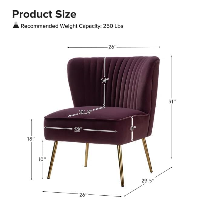 Image of Modern Upholstered Accent Velvet Chair Single Seater Channel Tufted Wing Back Chair with Golden Matel Legs for Living Room, Bedroom, Dining Room, Purple
