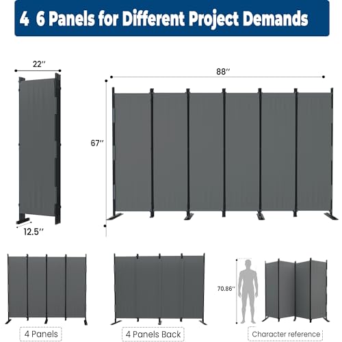 Phonjoroo Room Divider, 4 Panel Upgraded Folding Privacy Screen, 88” Highly Secretive Separation with 3 Metal Feet, Partition Screen, Lightweight Freestanding Wall Divider Bedroom (Grey)