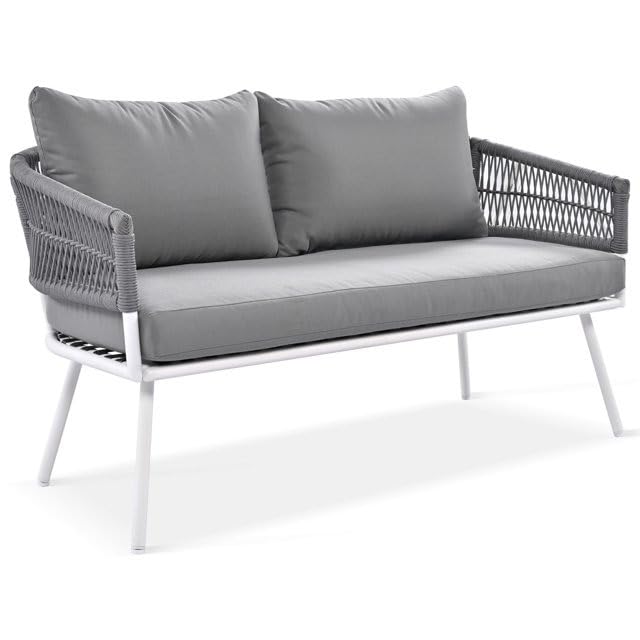 Image of 4 Outdoor Sofa Garden Balcony Sofa Patio Conversation Sofa Set with Coffee Table Wood Top for Living Room Lown Pool Rope Outdoor Chair Set-with-Wood-Table-for-Backyard(Grey)