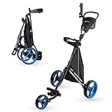 PRECISE Cruiser 3-Wheel Golf Push Cart with Foot Brake & Stabilizer Rods – Folding Golf Trolley, Ergonomic Handle, Detachable Storage Bag, Scorecard & Cup Holder - Black/Blue