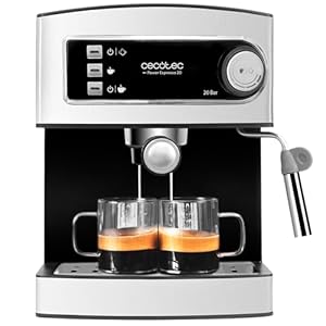 Cecotec Machine à expresso et cappuccino Power Espresso 20. 850 W, 20 bars, 2 tasses, vaporisateur, 1,5 l, bras double, chauffages, plateau goutteur, indicateurs lumineux, sécurité