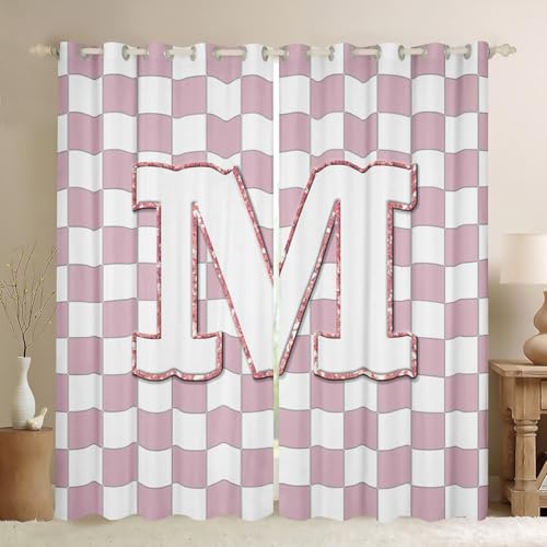 Image of Erosebridal Pink Initial M Window Curtains 38 inch Wx54 L Kawaii Plaid Checkered Blackout Curtains for Kids Girls Bedroom,Cute Personalized Monogram Window Treatments Grids Gingham Drapes Decor 2 Panels