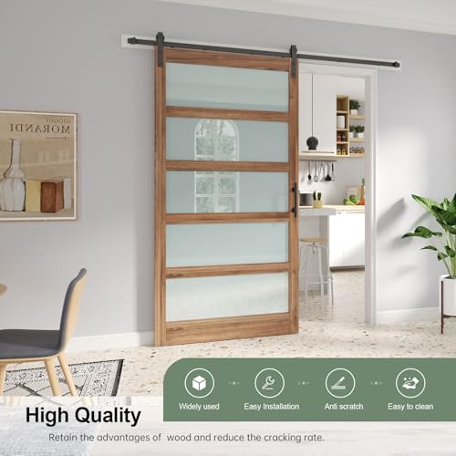 Image of FREDBECK 48 x 96 inch Glass Barn Door with 8FT Barn Door Hardware Kit & Handle Included,5-Panel Frosted Glass,Wood Panel, Water-Proof Surface,Pre-Drilled Holes,Need Assembly