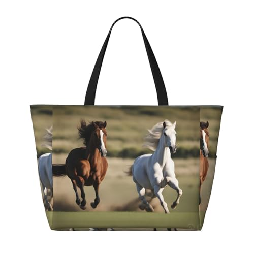 Running Horses Extra Large Tote Bag For Women,Foldable Beach Bag With Pocket Weekender Travel Overnight Bag2