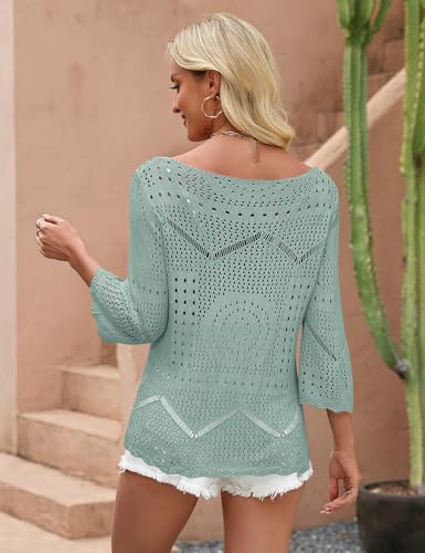 Image of Rapbin Womens Crochet Hollow Out Knit Tops 3 /4 Sleeve Spring Summer Sweaters Beach Cover Ups for Women Trendy 2026