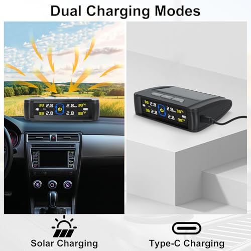 RV Tire Pressure Monitoring System, Tire Pressure Monitor with Solar&USB Charge, Car TPMS with 4 Sensors and 6 Alarm Modes, 0–98PSI Real-time Color LCD Display for RV/Trailer/Truck/SUV - Image 3