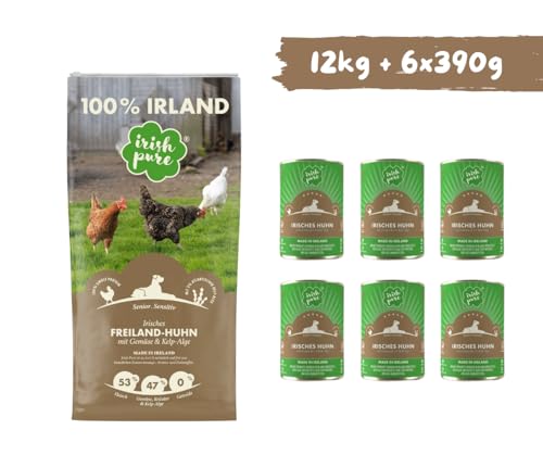 Irish Pure Freiland-Huhn Senior – 12kg + 6x390g - getreidefreies Trockenfutter & Nassfutter für ältere Hunde – mit Kelp-Alge – 100 % natürlich & artgerecht - optimal ausgewogene Ernährung - Sparpaket