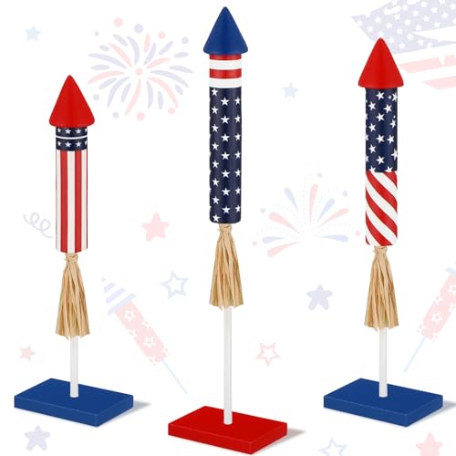 Memorywuu 3 Pcs 4th of July Wood Firecracker Decorations Sign Memorial Day Wooden Firework Table Decor Rustic Rocket 4th of July Decorations Patriotic Tiered Tray Decor for 250th Anniversary