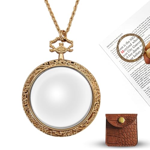 YYHSND 10X Magnifying Glass Necklace Magnifier Necklace Pendant Optical Magnifier with Chain Necklace for Library Reading Zooming and Jewelry (Pure Gold)