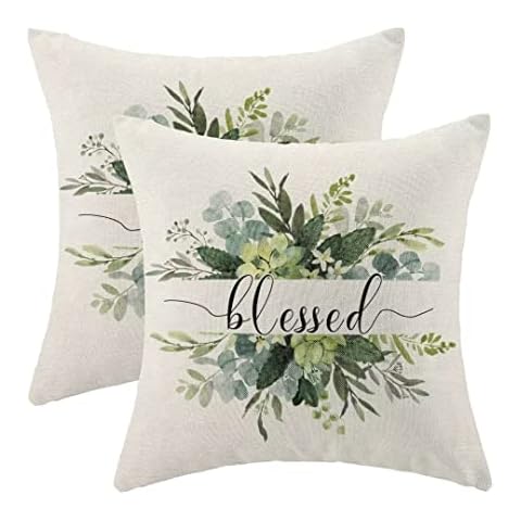AEIOAE Spring Pillow Covers 18x18 Inch Set of 2, Blessed Dark Green Eucalyptus Leaves Throw Pillows Linen Spring Summer Farmhouse Decor for Sofa Living Room Indoor Outdoor Cover