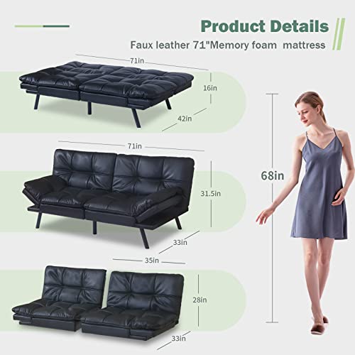Hcore Convertible Futon Sofa Bed,Black Leather Memory Foam Loveseat Futons Sofa Couch,Small Euro Lounger Sofa For Compact Living Spaces,Apartment,Dorm,Studio,Guest Room,Home Office/Dark Black Leather #TOP1