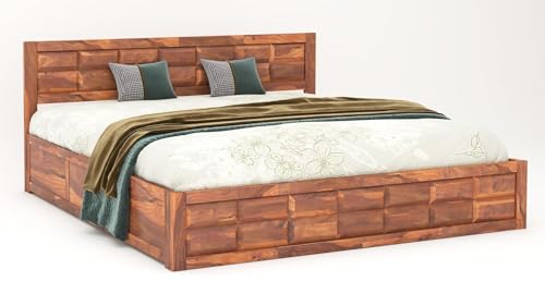 Image of STRATA FURNITURE Solid Sheesham Wood Queen Size Bed with Box Storage | Wooden Double Bed Cot Palang Furniture for Bedroom Living Room Home (Honey Finish)