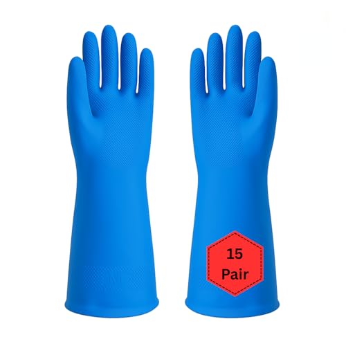 Image of Natural Rubber Household Gloves - Reusable & Waterproof for Cleaning, Dishwashing, Kitchen & Bathroom Use - Comfortable Fit with Non-Slip Grip - Durable & Long-Lasting (Blue, 15 Pair)