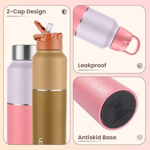 Image of Perch Magic ISI Certified Stainless Steel Water Bottle 1 Ltr | Fridge Bottle with Sipper Cap & Straw | Single Wall | BPA Free | Lightweight | For Home, Office, Gym, Travelling Set of 2 (Brown & Pink)