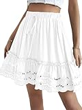 LYANER Women's Elastic Waist Contrast Lace Knot Scallop Hem Swing A-line Mini Skirt White Medium
