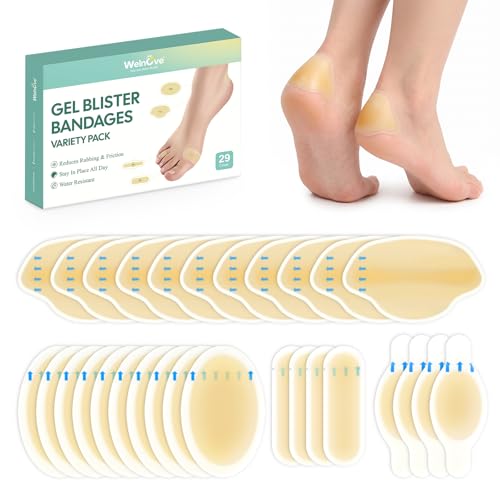 Welnove Hydrocolloid Blister Bandages Insoles - 29ct - Water Resistant Blisters Bandages - Adhesive Blister Pads for Heel, Feet, Toe - Gel Blister Chshions for Prevention & Recovery (Variety Pack)