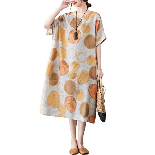 Image of LUZU JUNU Women's Summer Baggy Plus Size Loose Cotton Linen Long Boho Beach Dress with Pockets