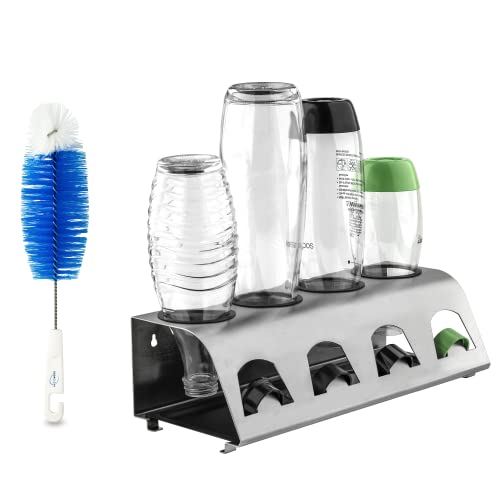 SodaClean® Duo Design Flaschenhalter + Bürste mit Abtropfwanne - für SodaStream Duo Crystal Flaschen | aus hochwertigem Edelstahl - Abtropfhalter mit Deckelhalterung | Easy Fuse Power (4er + Bürste) Cover