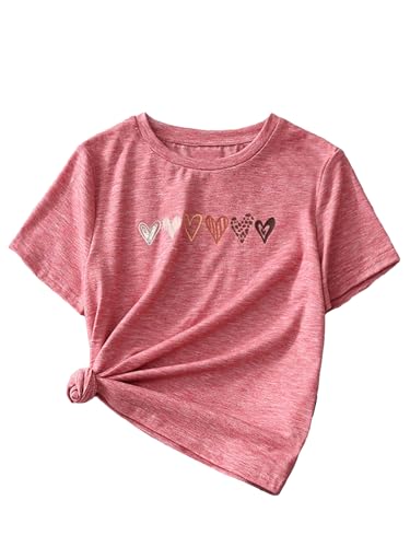 OYOANGLE Girl's Heart Print Short Sleeve Round Neck T-Shirt Funny Graphic Tees Cute Top