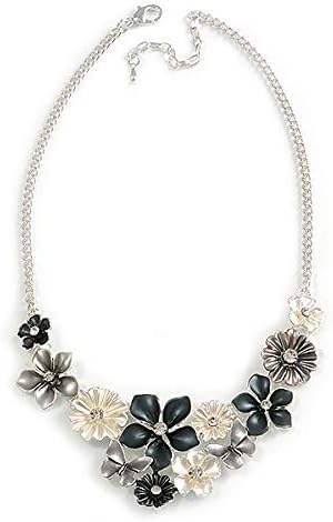 Avalaya Metallic White/Metallic Grey Matte Enamel Daisy Cluster and Butterfly Necklace In Silver Tone, 42cm L/ 6cm Ext - Image 4