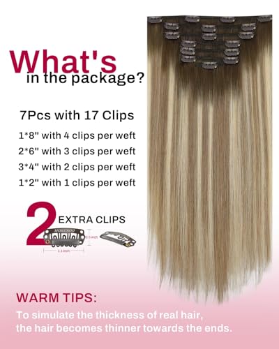 Image of Moresoo Balayage Hair Extensions Clip in Real Human Hair Brown to Light Brown with Golden Blonde Ombre Clip in Extensions Human Hair Double Weft Clip on Hair Extensions 7Pieces 120Grams 18inch
