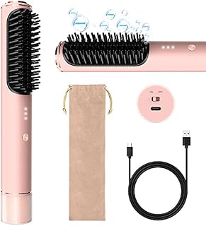 Cordless Hair Straightener Brush Negative Ion Hair Straightener Comb Portable Hair Straightener Brush for Women with Type-C Rechargeable Anti-Scald Fast Heating & 3 Temp Settings (Pink)