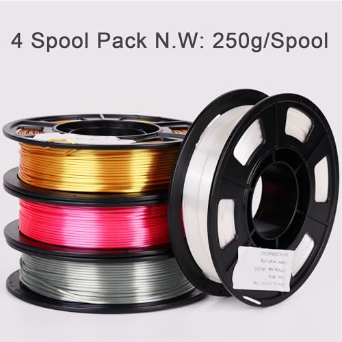 Image of YOUSU 3D Printer Filament, 250G PLA Silk Filament Bundle, 1.75mm Smooth Silk Filament Muticolor, Silk PLA Filament 4 Color Pack 4x250g (Gold, Silver, Pink, White)